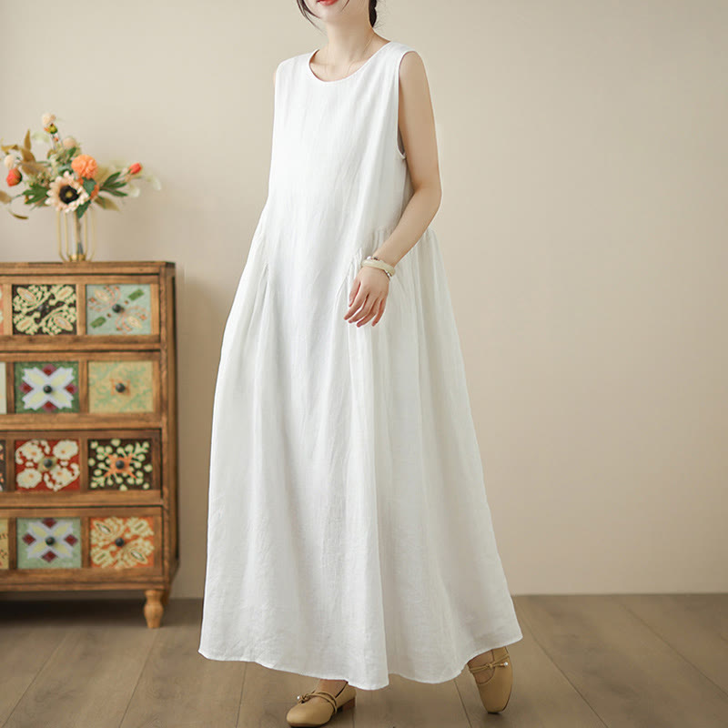 Breathable Cotton Sleeveless Meditation Midi Dress with Pockets