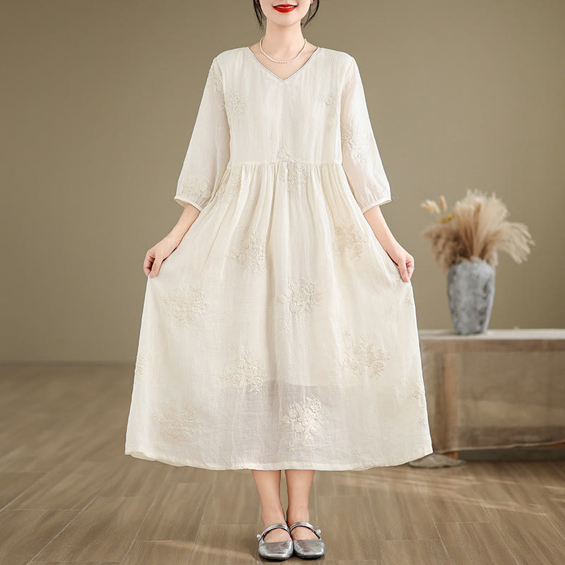 Cotton Linen V-Neck Grounding Midi Dress with Pockets