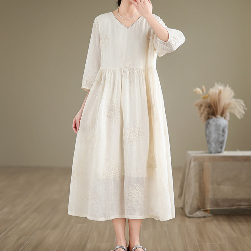 Cotton Linen V-Neck Grounding Midi Dress with Pockets