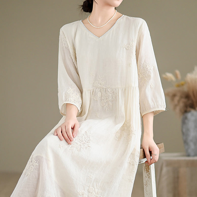 Cotton Linen V-Neck Grounding Midi Dress with Pockets