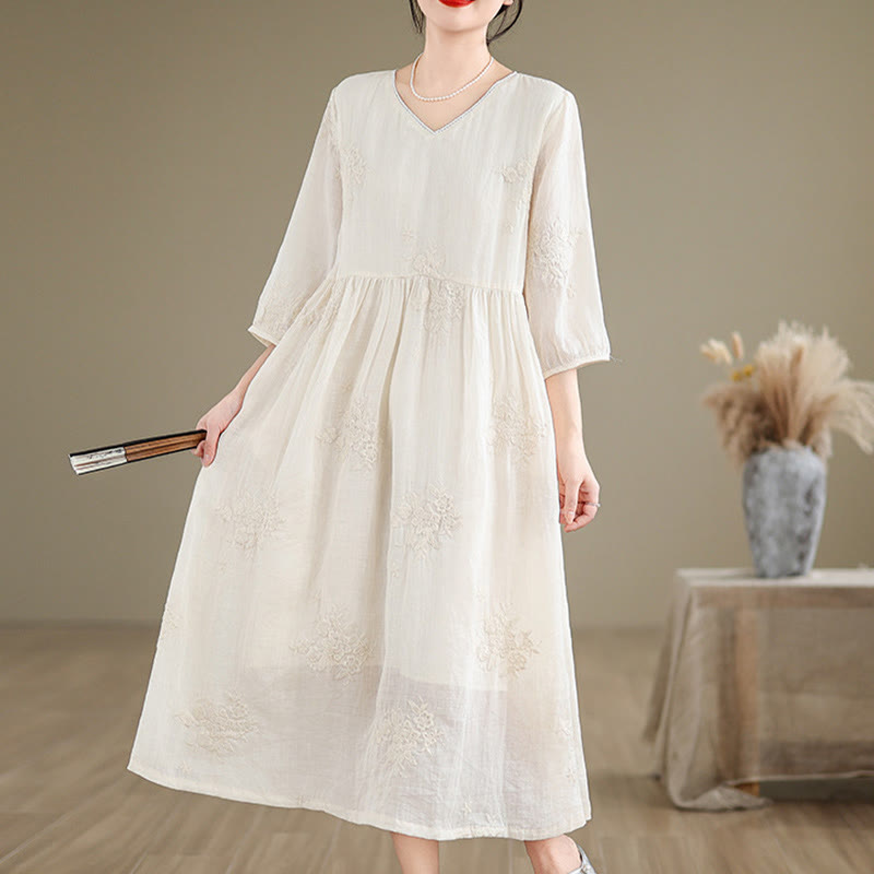 Cotton Linen V-Neck Grounding Midi Dress with Pockets