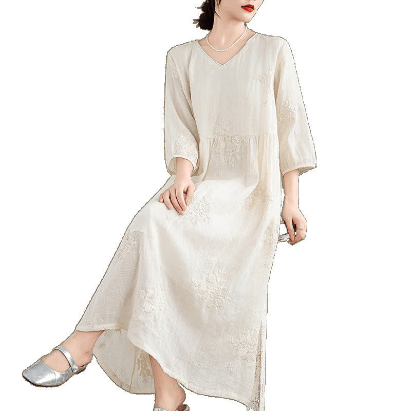Cotton Linen V-Neck Grounding Midi Dress with Pockets