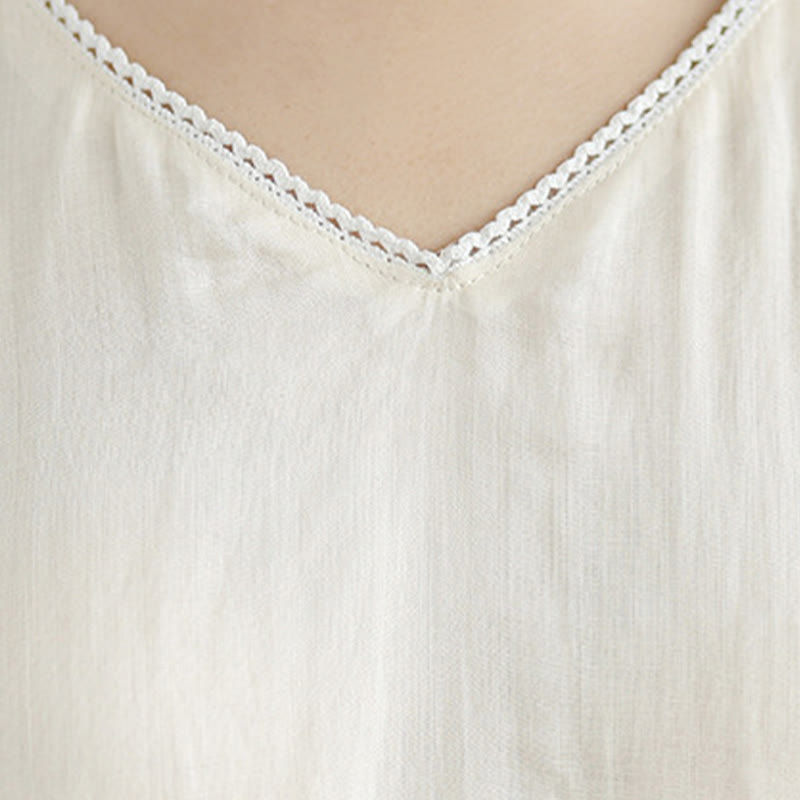 Cotton Linen V-Neck Grounding Midi Dress with Pockets