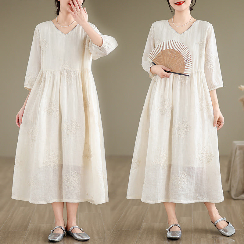 Cotton Linen V-Neck Grounding Midi Dress with Pockets