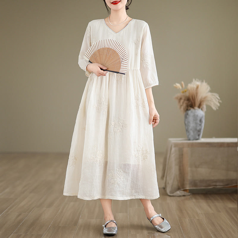 Cotton Linen V-Neck Grounding Midi Dress with Pockets