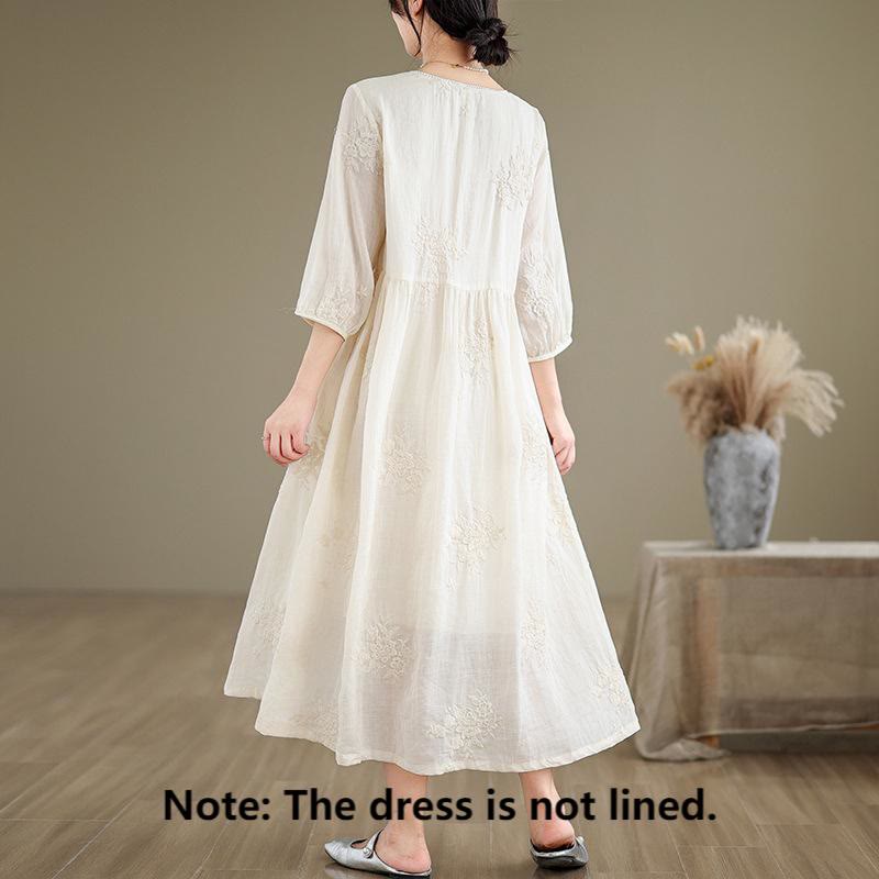 Cotton Linen V-Neck Grounding Midi Dress with Pockets