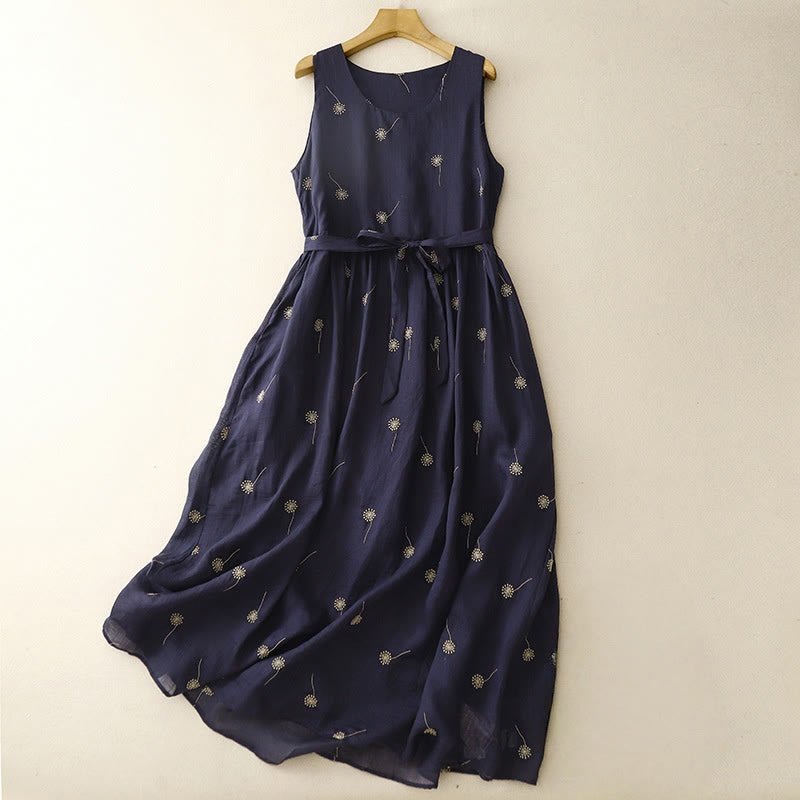 MidnightBlue Printing Lace-Up Design Sleeveless Cotton Midi Dress With Pockets