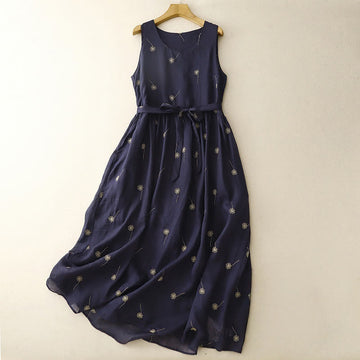 MidnightBlue Printing Lace-Up Design Sleeveless Cotton Midi Dress With Pockets