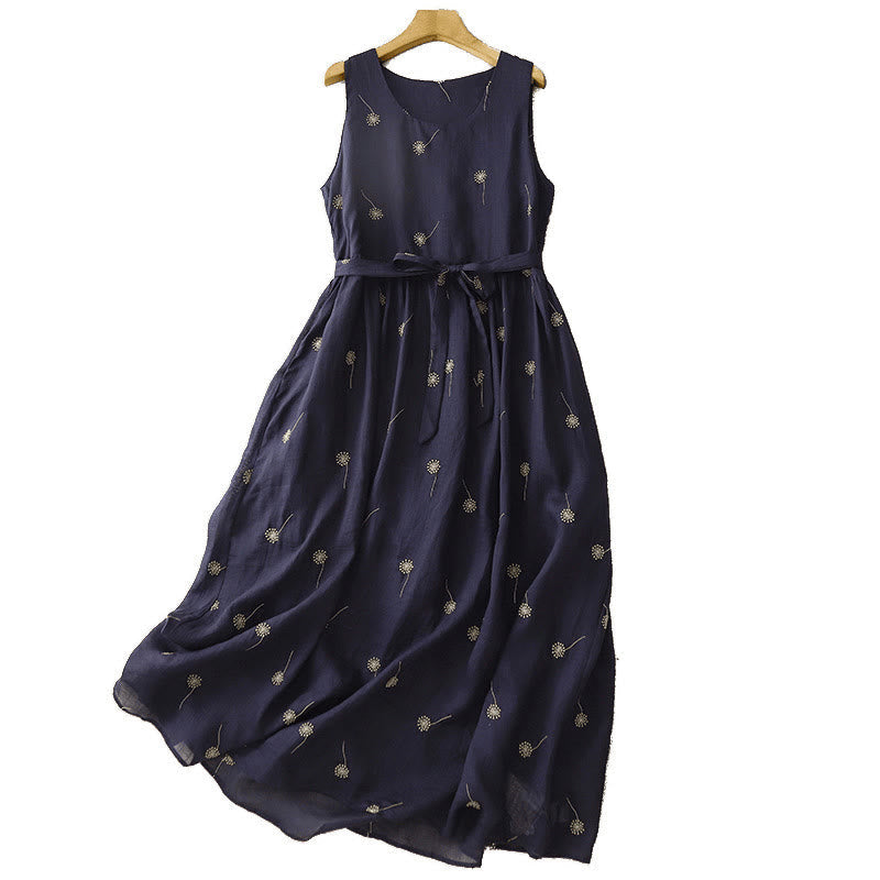 MidnightBlue Printing Lace-Up Design Sleeveless Cotton Midi Dress With Pockets