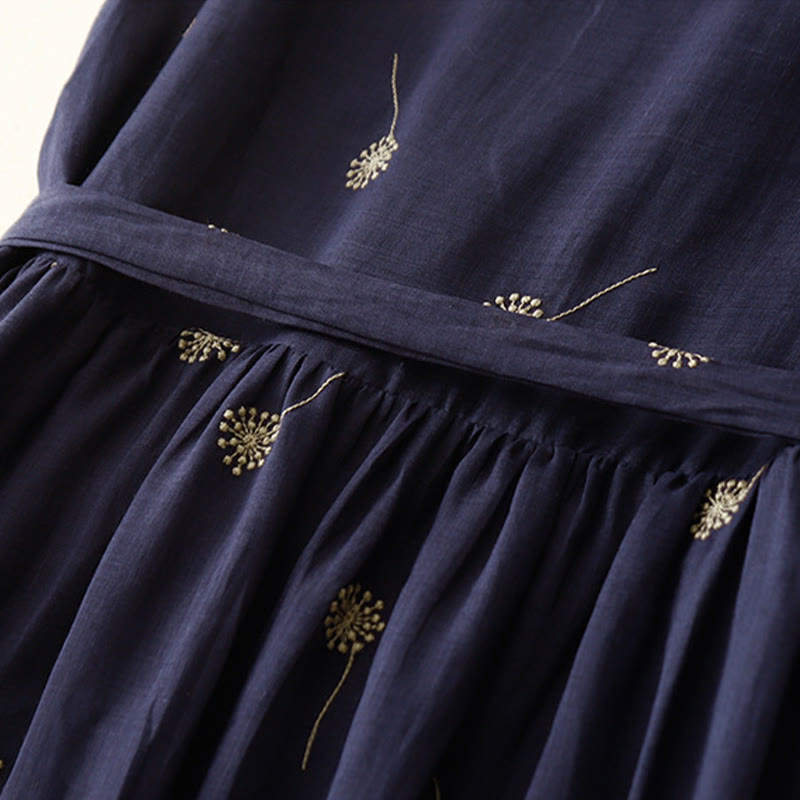 MidnightBlue Printing Lace-Up Design Sleeveless Cotton Midi Dress With Pockets