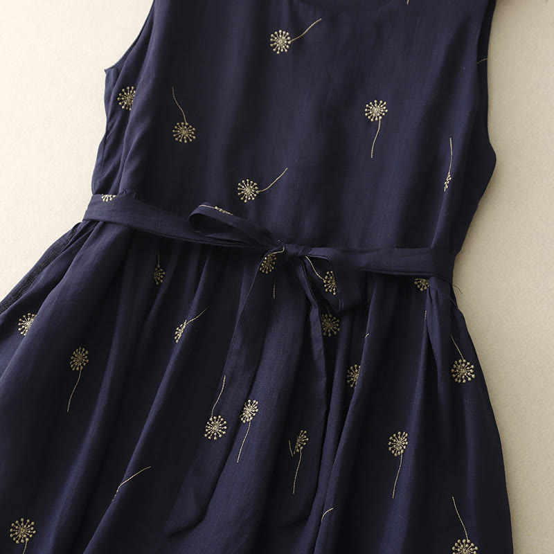 MidnightBlue Printing Lace-Up Design Sleeveless Cotton Midi Dress With Pockets