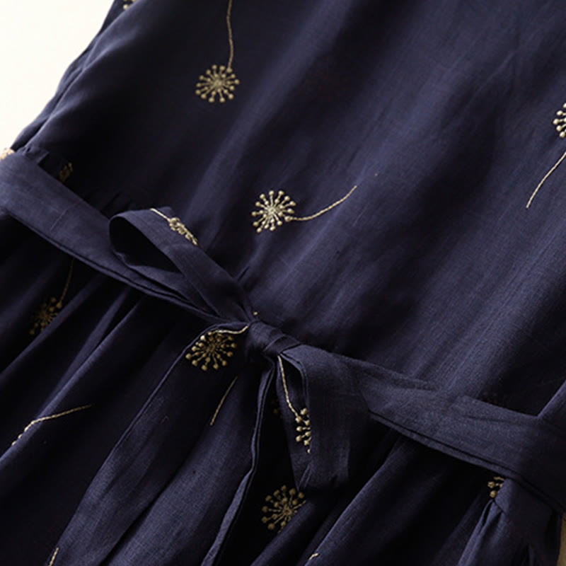 MidnightBlue Printing Lace-Up Design Sleeveless Cotton Midi Dress With Pockets