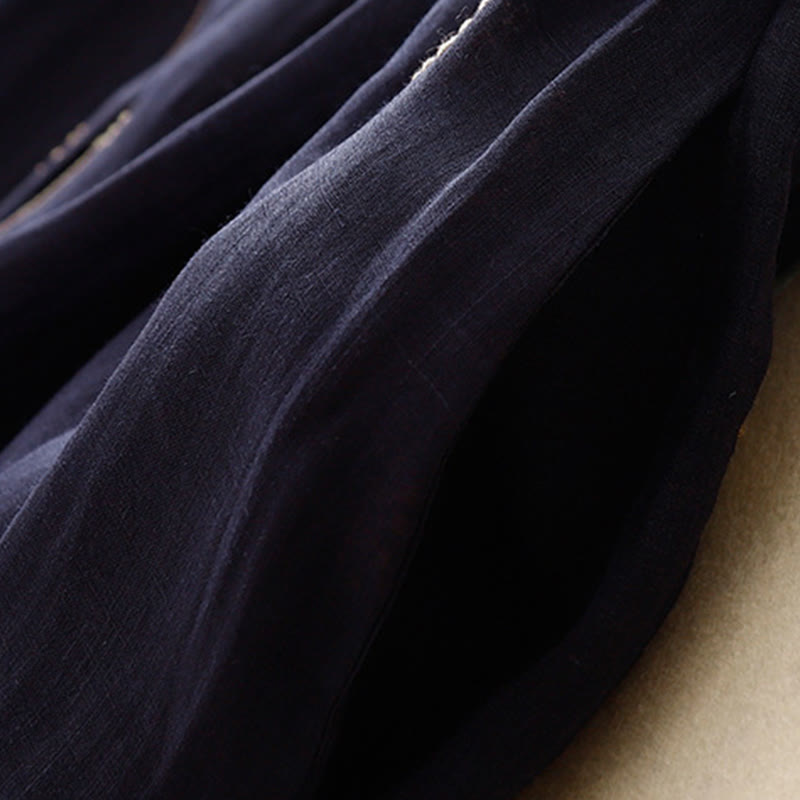 MidnightBlue Printing Lace-Up Design Sleeveless Cotton Midi Dress With Pockets