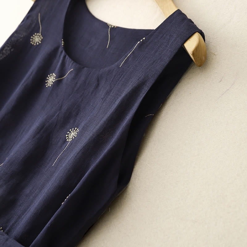 MidnightBlue Printing Lace-Up Design Sleeveless Cotton Midi Dress With Pockets