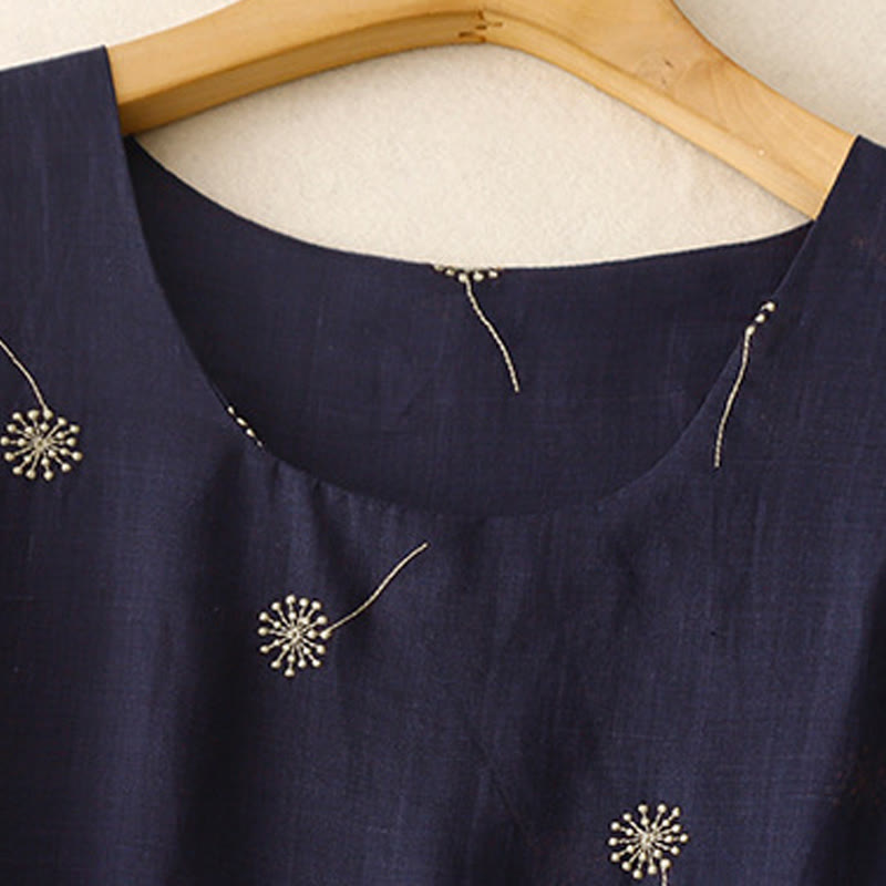 MidnightBlue Printing Lace-Up Design Sleeveless Cotton Midi Dress With Pockets