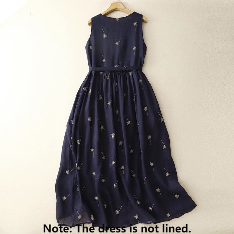 MidnightBlue Printing Lace-Up Design Sleeveless Cotton Midi Dress With Pockets