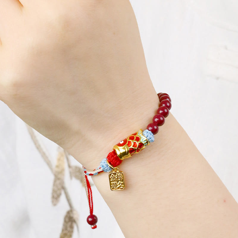 Adjustable Cinnabar and Copper Beaded Koi Fish Symbol Bracelet