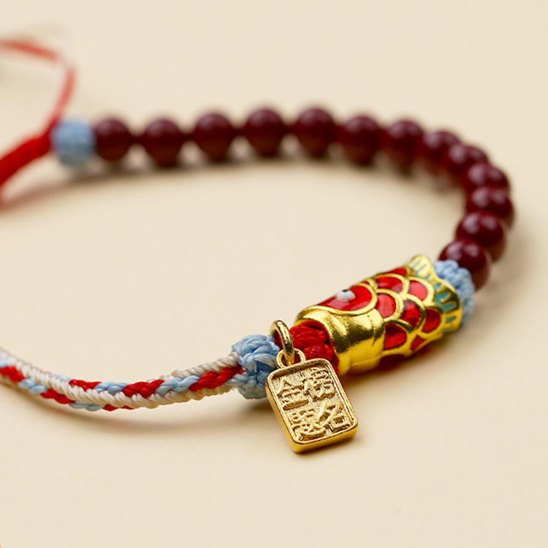 Adjustable Cinnabar and Copper Beaded Koi Fish Symbol Bracelet