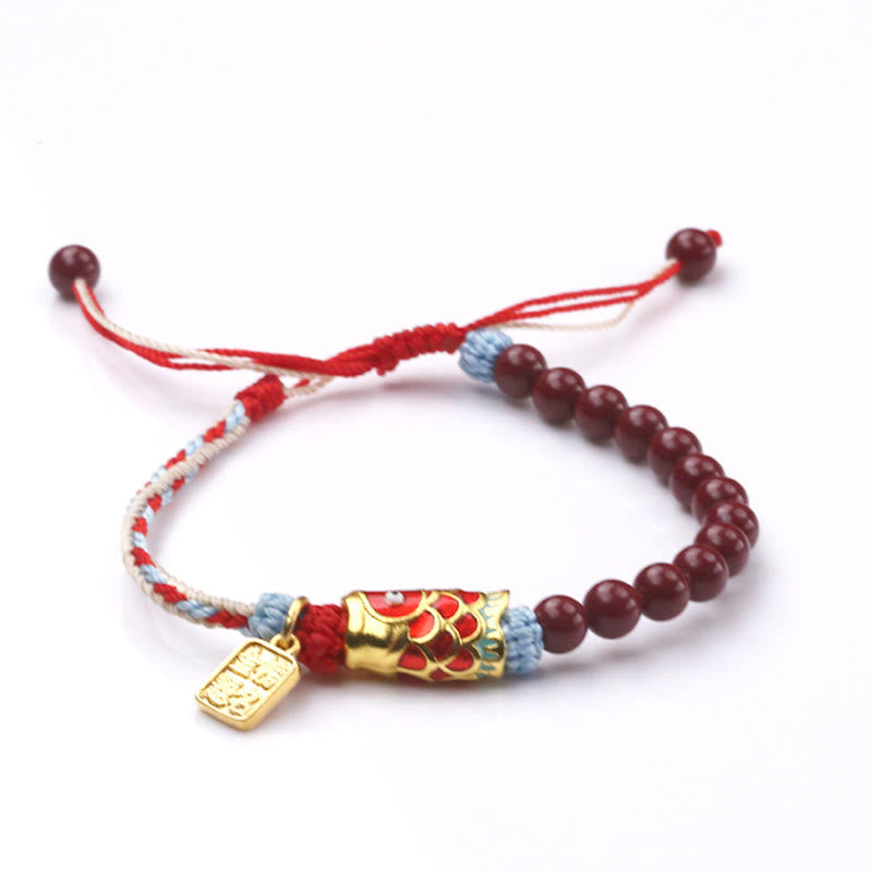 Adjustable Cinnabar and Copper Beaded Koi Fish Symbol Bracelet