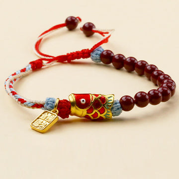 Adjustable Cinnabar and Copper Beaded Koi Fish Symbol Bracelet
