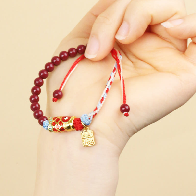 Adjustable Cinnabar and Copper Beaded Koi Fish Symbol Bracelet
