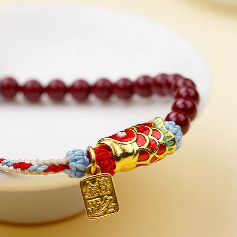 Adjustable Cinnabar and Copper Beaded Koi Fish Symbol Bracelet
