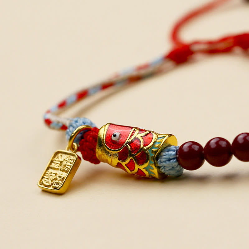 Adjustable Cinnabar and Copper Beaded Koi Fish Symbol Bracelet