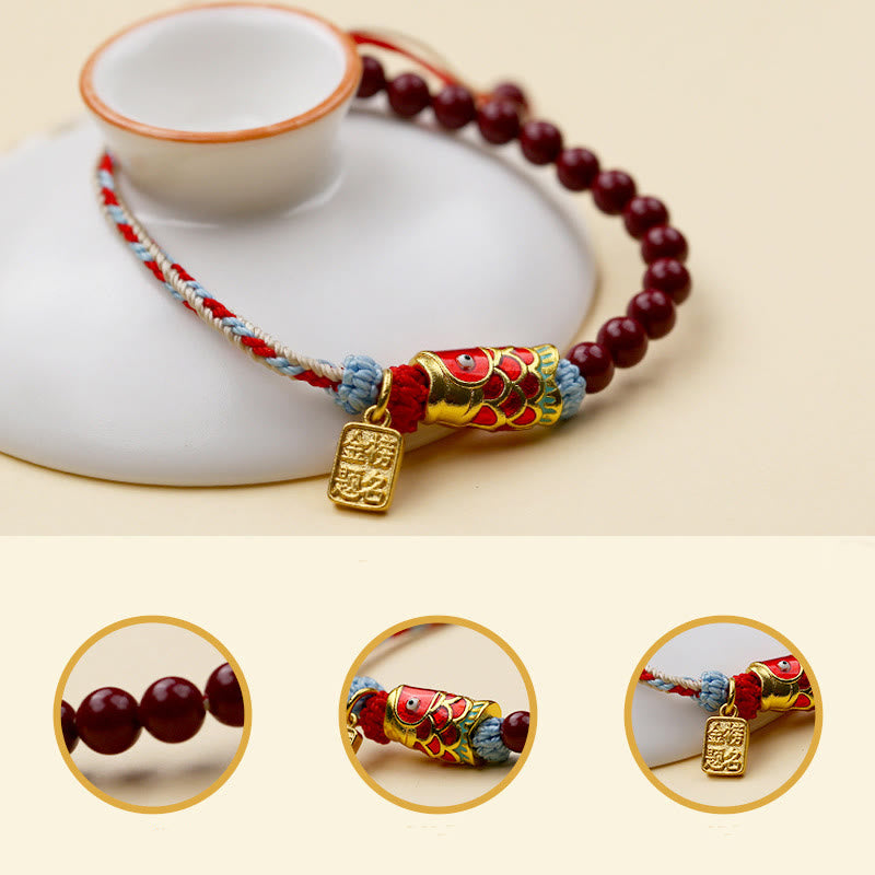 Adjustable Cinnabar and Copper Beaded Koi Fish Symbol Bracelet