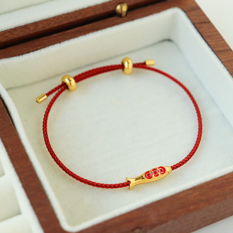 Handmade Red String Brass and Copper Koi Fish Adjustable Bracelet