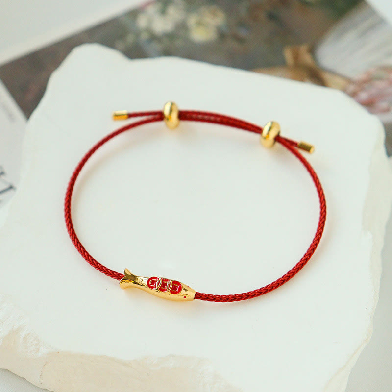 Handmade Red String Brass and Copper Koi Fish Adjustable Bracelet