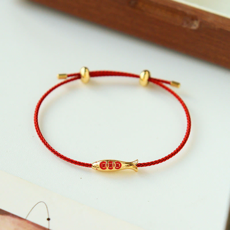 Handmade Red String Brass and Copper Koi Fish Adjustable Bracelet