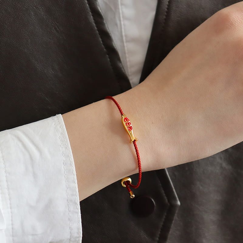 Handmade Red String Brass and Copper Koi Fish Adjustable Bracelet