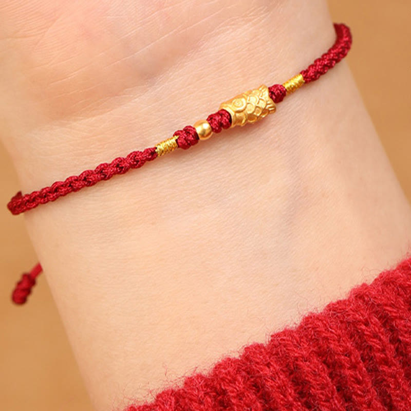 Handmade 24K Gold Koi Fish Braided Red String Adjustable Bracelet