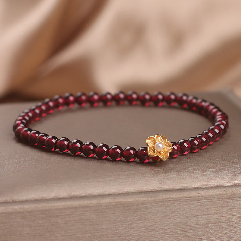 Natural 4mm Garnet Beaded Flower Passion Bracelet