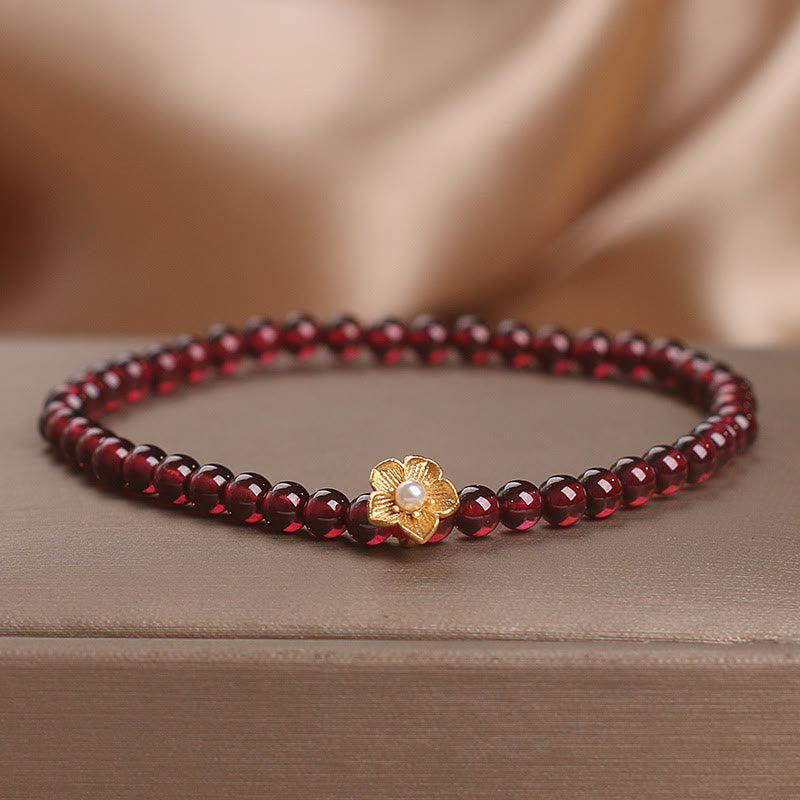 Natural 4mm Garnet Beaded Flower Passion Bracelet