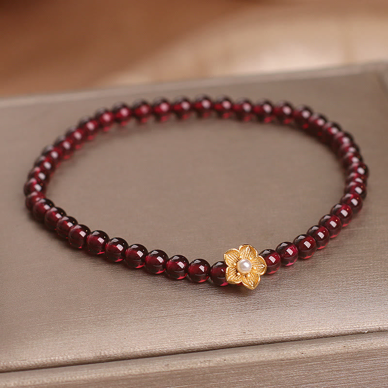 Natural 4mm Garnet Beaded Flower Passion Bracelet