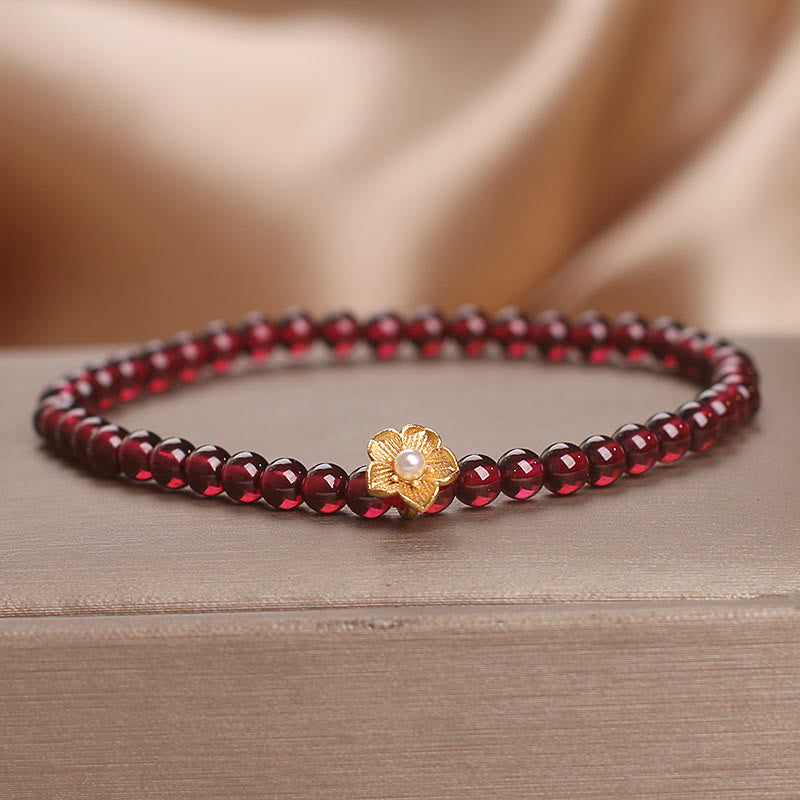 Natural 4mm Garnet Beaded Flower Passion Bracelet