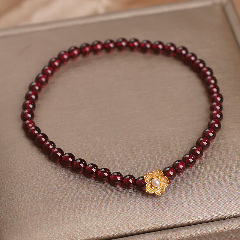 Natural 4mm Garnet Beaded Flower Passion Bracelet