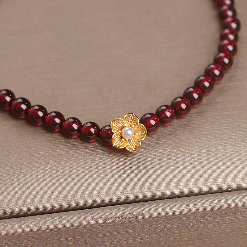 Natural 4mm Garnet Beaded Flower Passion Bracelet