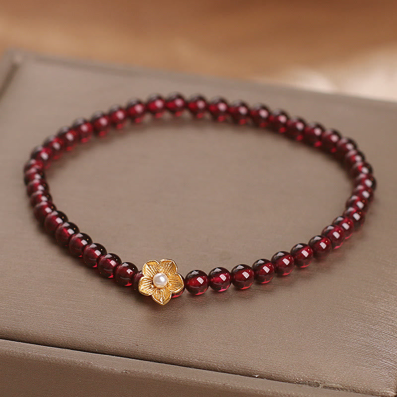 Natural 4mm Garnet Beaded Flower Passion Bracelet