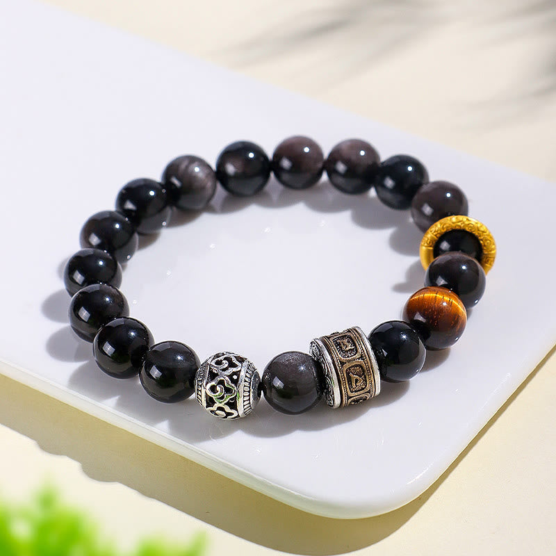 Silver Sheen Obsidian & Tiger Eye Om Mani Padme Hum Copper Accent Beaded Bracelet