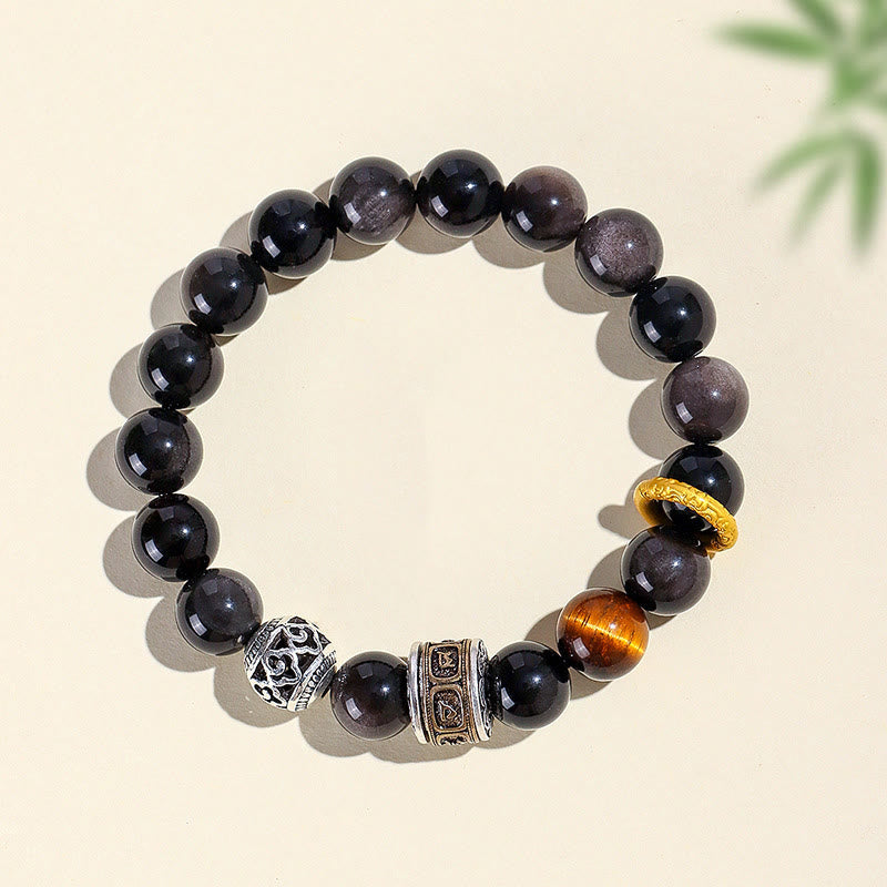 Silver Sheen Obsidian & Tiger Eye Om Mani Padme Hum Copper Accent Beaded Bracelet
