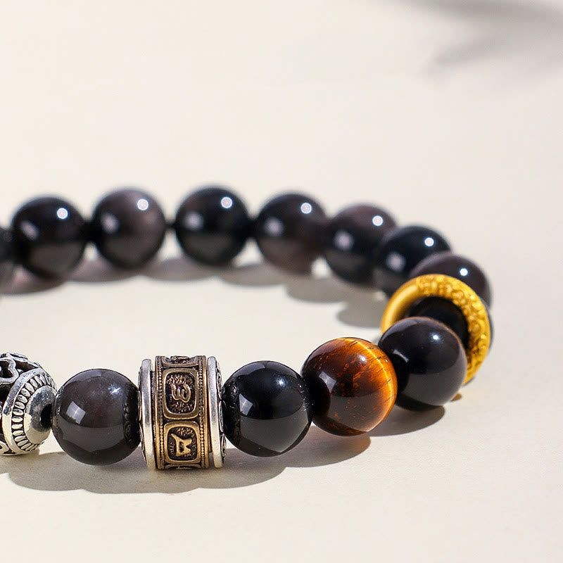 Silver Sheen Obsidian & Tiger Eye Om Mani Padme Hum Copper Accent Beaded Bracelet
