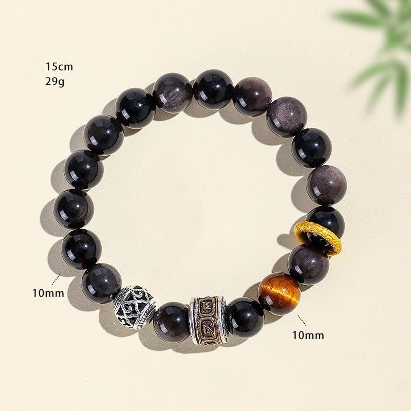Silver Sheen Obsidian & Tiger Eye Om Mani Padme Hum Copper Accent Beaded Bracelet