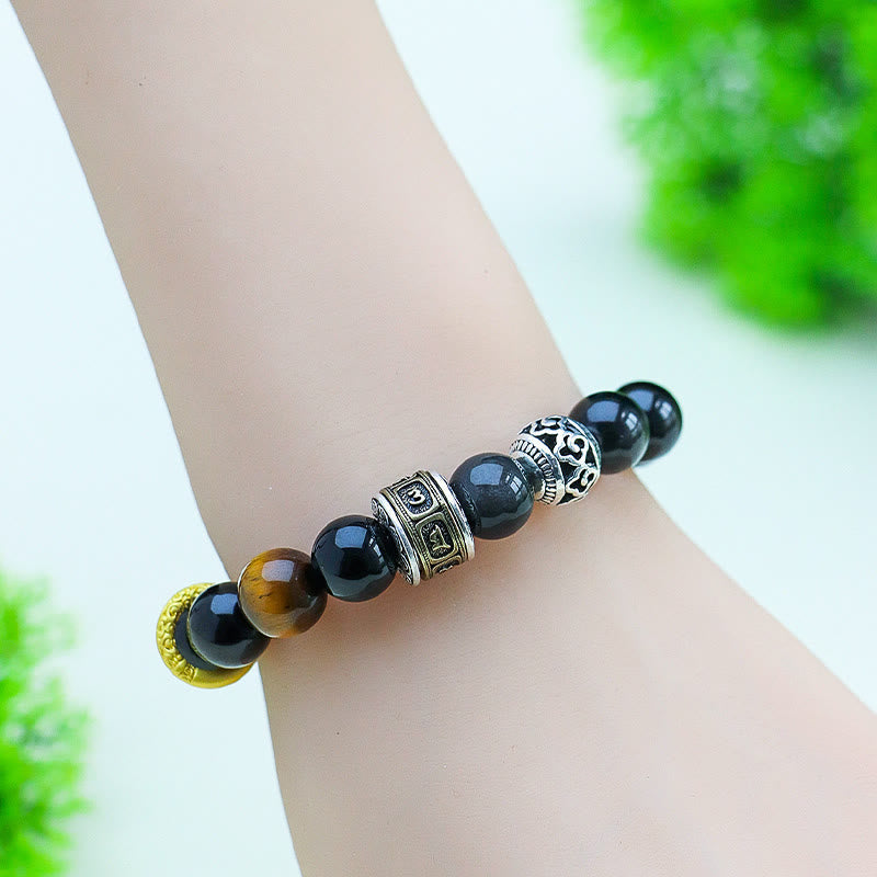Silver Sheen Obsidian & Tiger Eye Om Mani Padme Hum Copper Accent Beaded Bracelet
