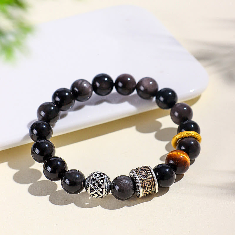 Silver Sheen Obsidian & Tiger Eye Om Mani Padme Hum Copper Accent Beaded Bracelet