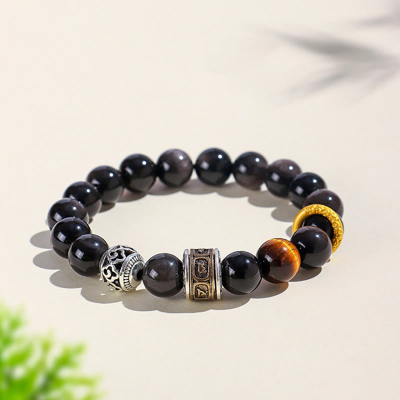 Silver Sheen Obsidian & Tiger Eye Om Mani Padme Hum Copper Accent Beaded Bracelet