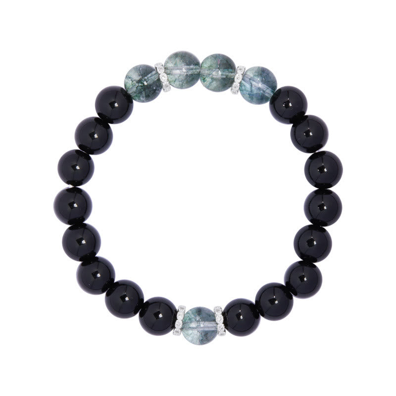 925 Sterling Silver Black Obsidian Green Phantom Strength Bracelet
