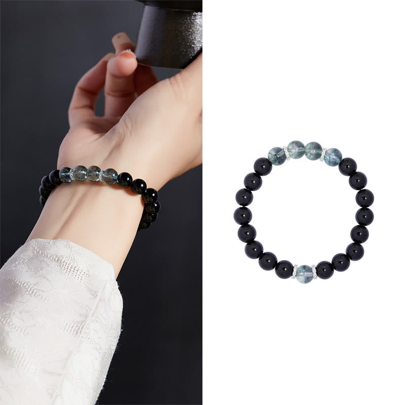 925 Sterling Silver Black Obsidian Green Phantom Strength Bracelet