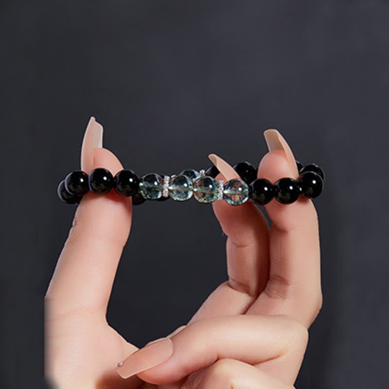 925 Sterling Silver Black Obsidian Green Phantom Strength Bracelet